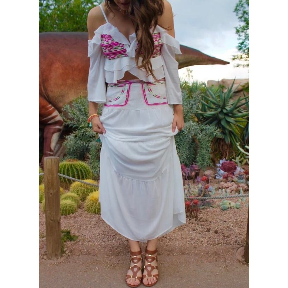 Luminari NWT Boho White Embroidered Tiered Maxi Skirt Women's Sz L Lined beachy